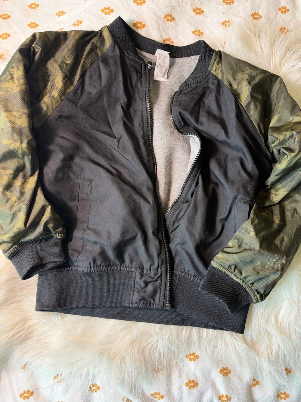 Old Navy Reversible Black Bomber Jacket with Olive Camo Sleeves